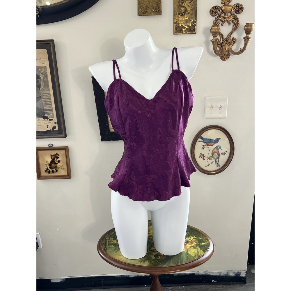 Vintag Victoria's Secret Purple Satin Jacquard Damask Print Cami Tank Top Size L
